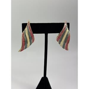 VTG Pink/Red Blue White Enamel Earrings Gold Tone Statement Chunky 80s 90s Retro